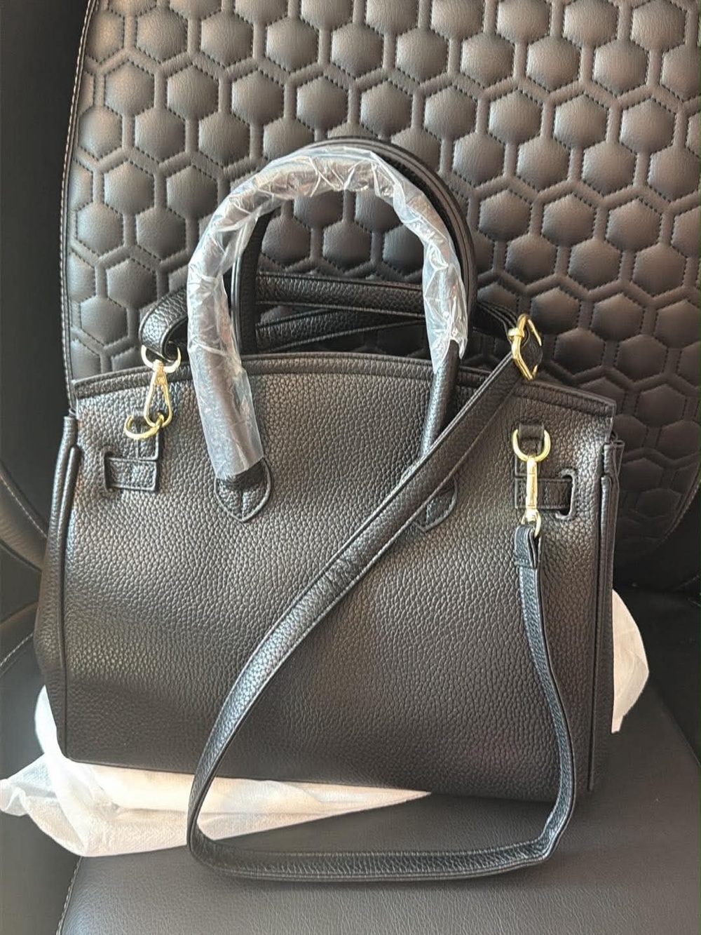 Classic Black Leather Top-Handle Satchel with Gold Hardware - Picture 4 of 9